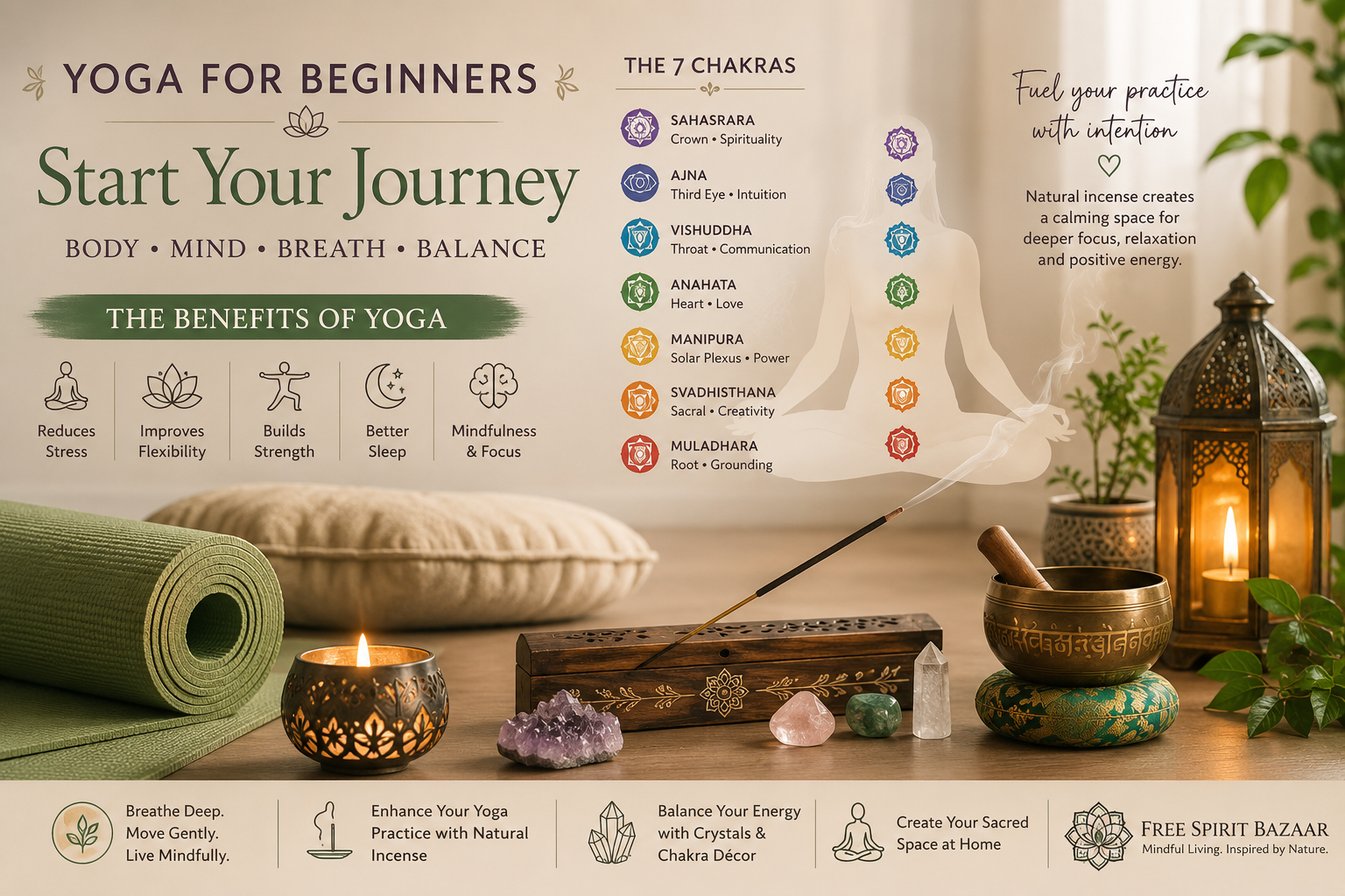 Yoga for Beginners: Start Your Journey with the 7 Chakras, Mindful Breathing & Natural Incense