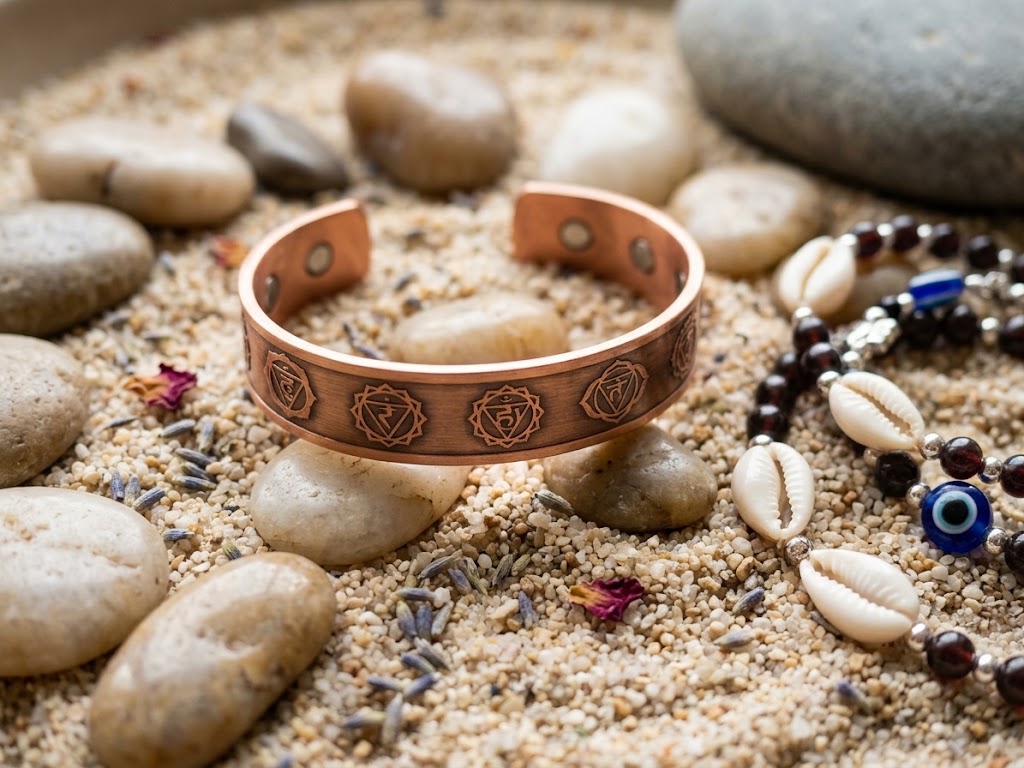 Handcrafted 7 Chakra Engraved Magnetic Copper Cuff Bracelet