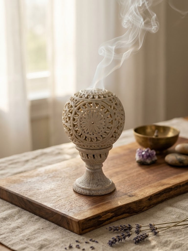 Handcrafted Carved Soapstone Globe Incense & Tea Light Holder
