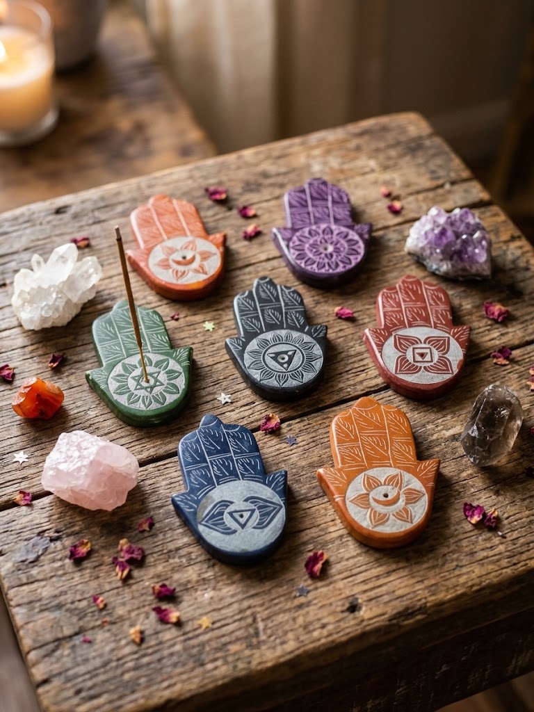 Hand-Carved Soapstone 7 Chakra Hamsa Hand Incense Holder Set (7 Pcs)