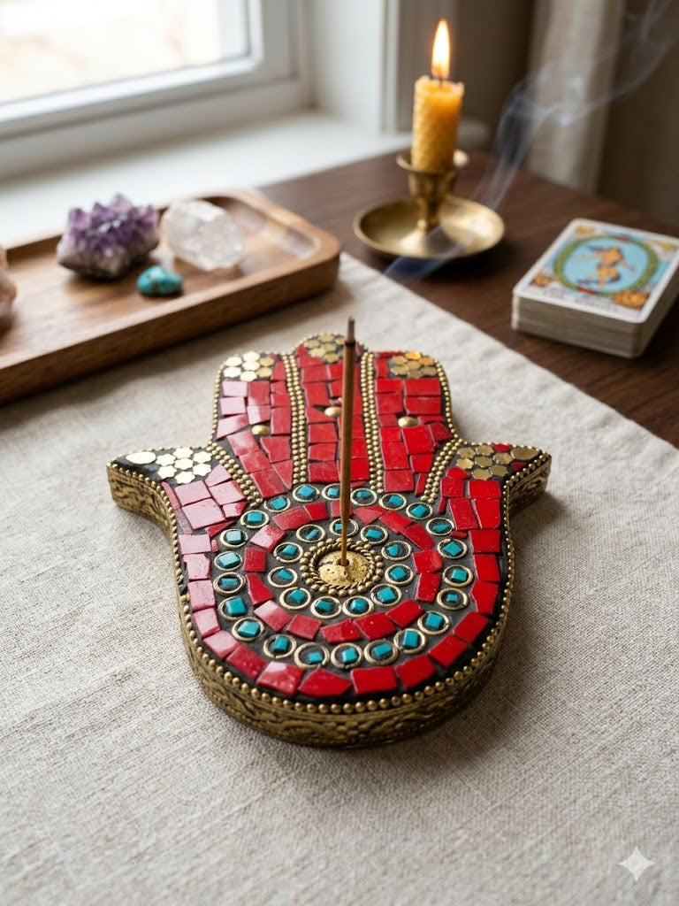 Mosaic Hamsa Hand Incense Holder – Red & Gold Sacred Protection Decor