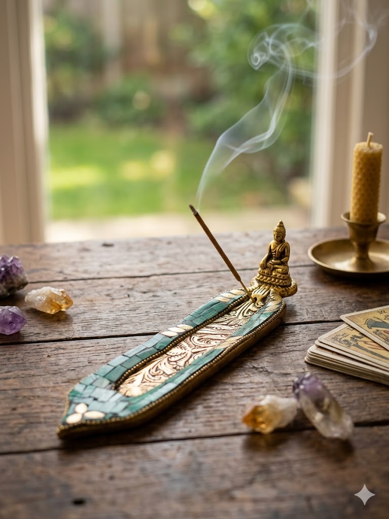 Mosaic Buddha Incense Boat Holder – Malachite Green & Gold Sacred Decor