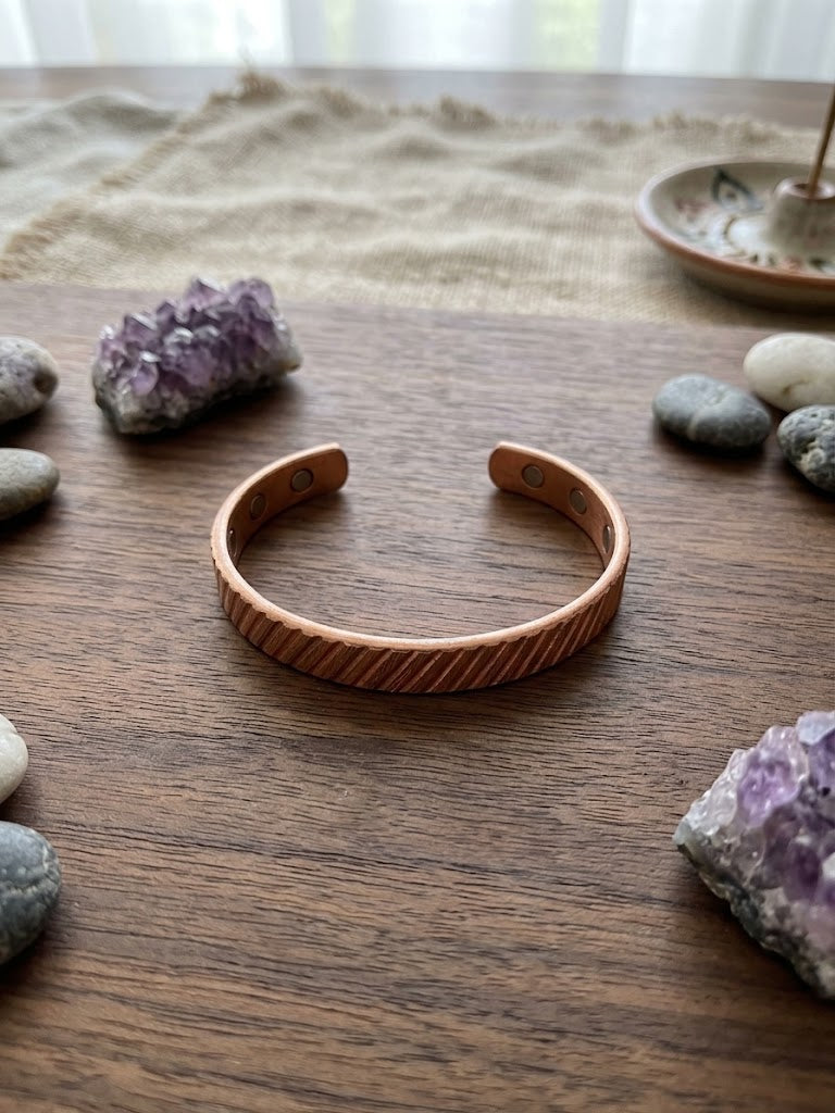 Handcrafted Slanted Line Textured Copper Magnetic Cuff Bracelet