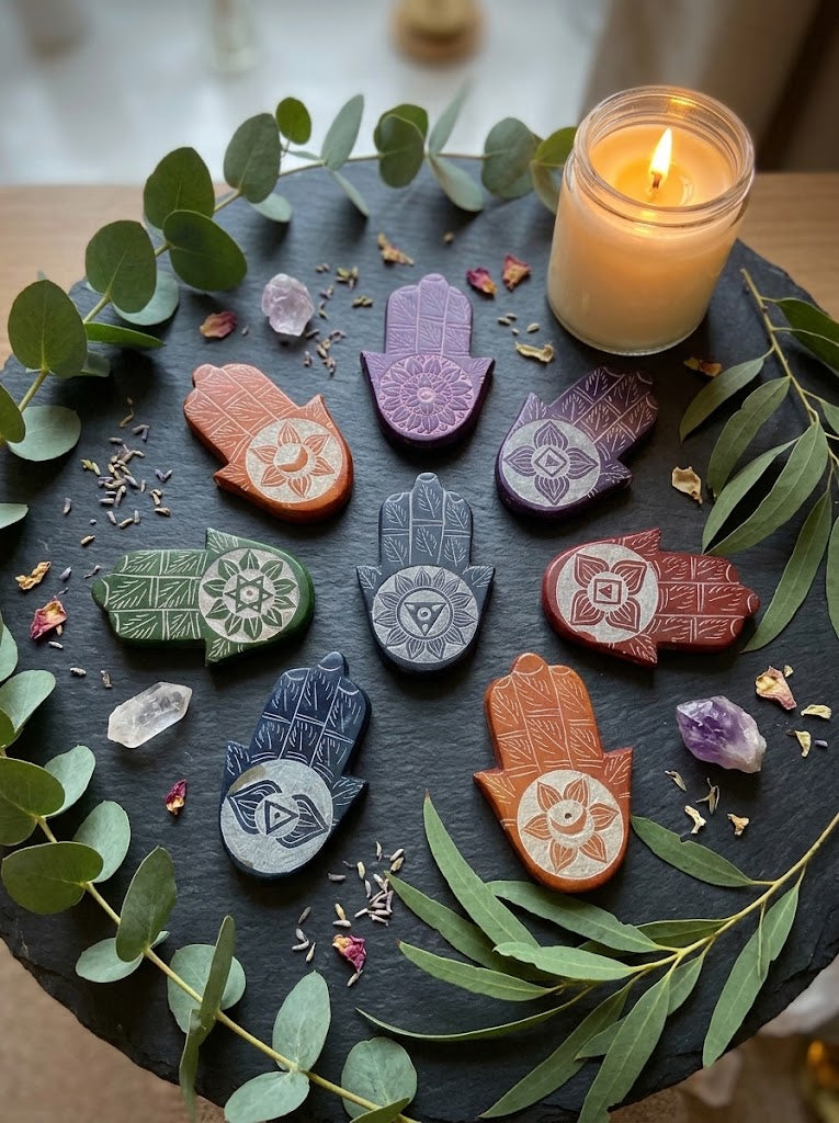 Hand-Carved Soapstone 7 Chakra Hamsa Hand Incense Holder Set (7 Pcs)