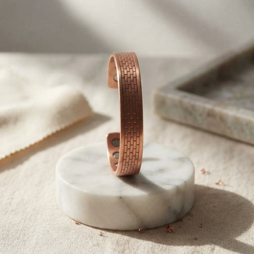 Artisan 100% Solid Copper Magnetic Textured Cuff Bracelet | Healing Energy & Geometric Relief Jewelry