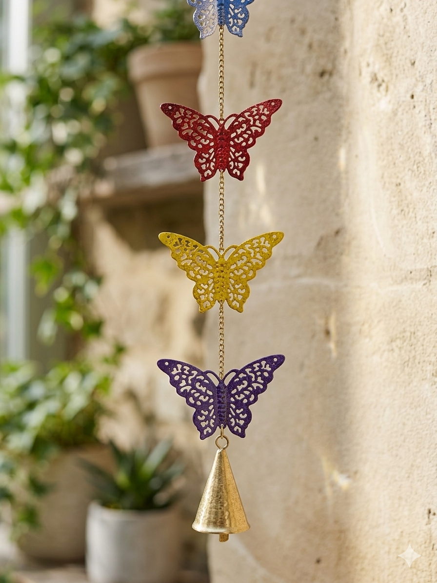 Sacred Butterfly Multi-Color Hanging Brass Bell
