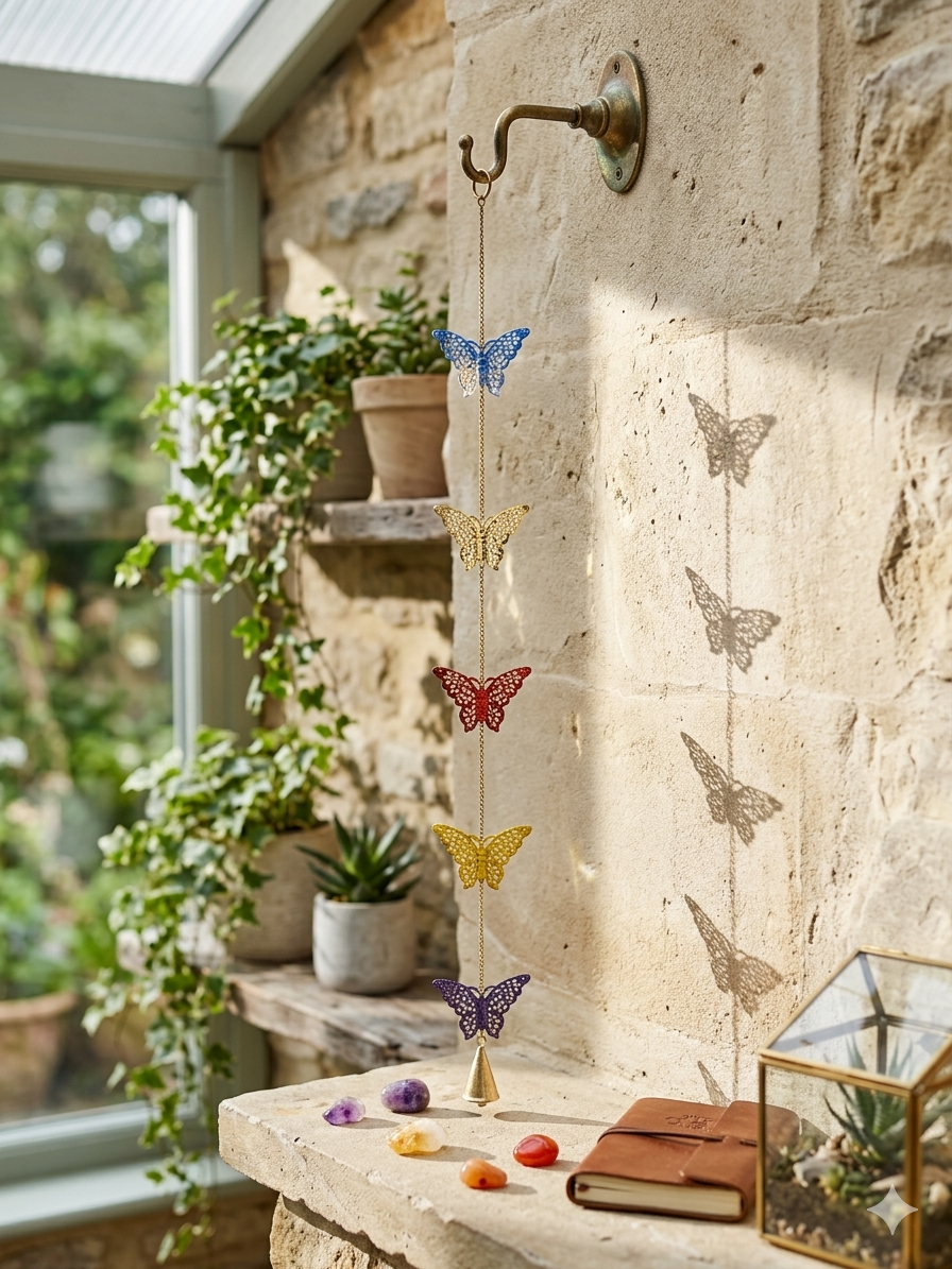 Sacred Butterfly Multi-Color Hanging Brass Bell