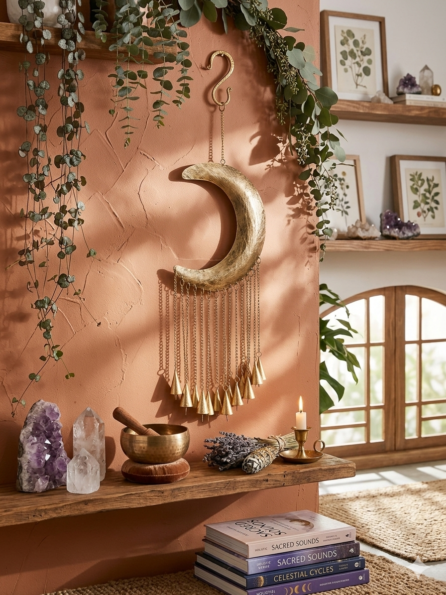 Golden Crescent Moon Chime Wall Hanging