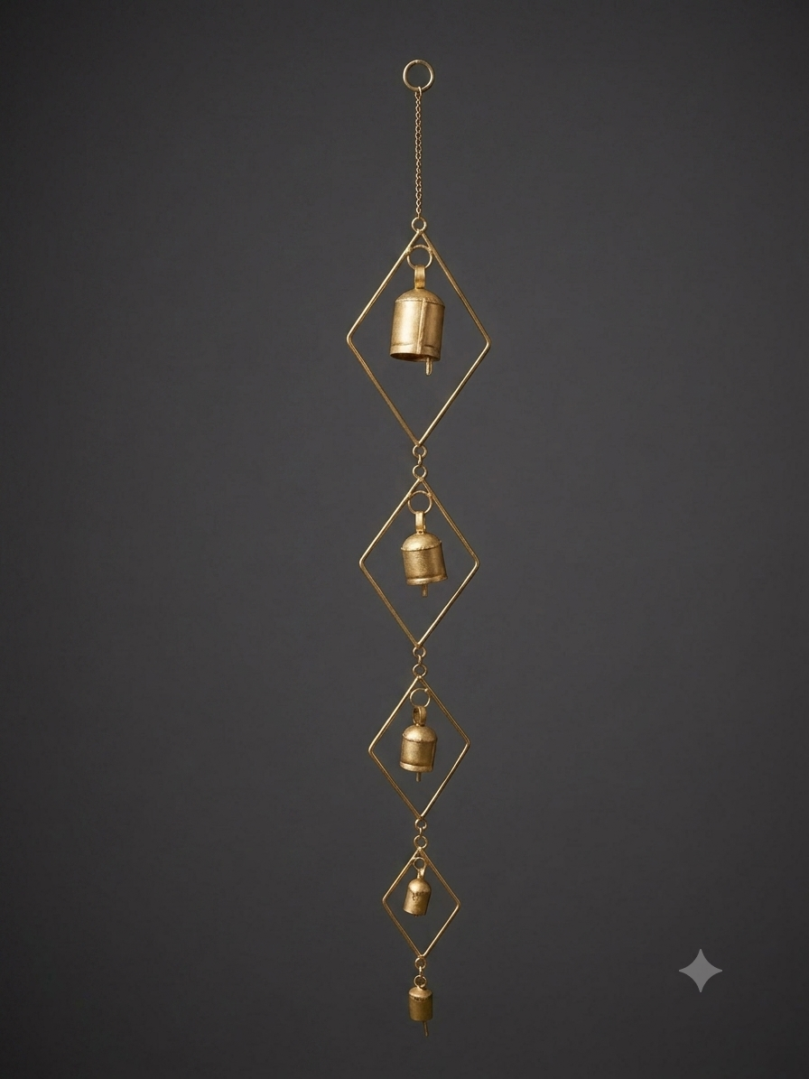 4-Tier Geometric Diamond Brass Hoop Wind Chime – Modern Rustic Bell Hanging