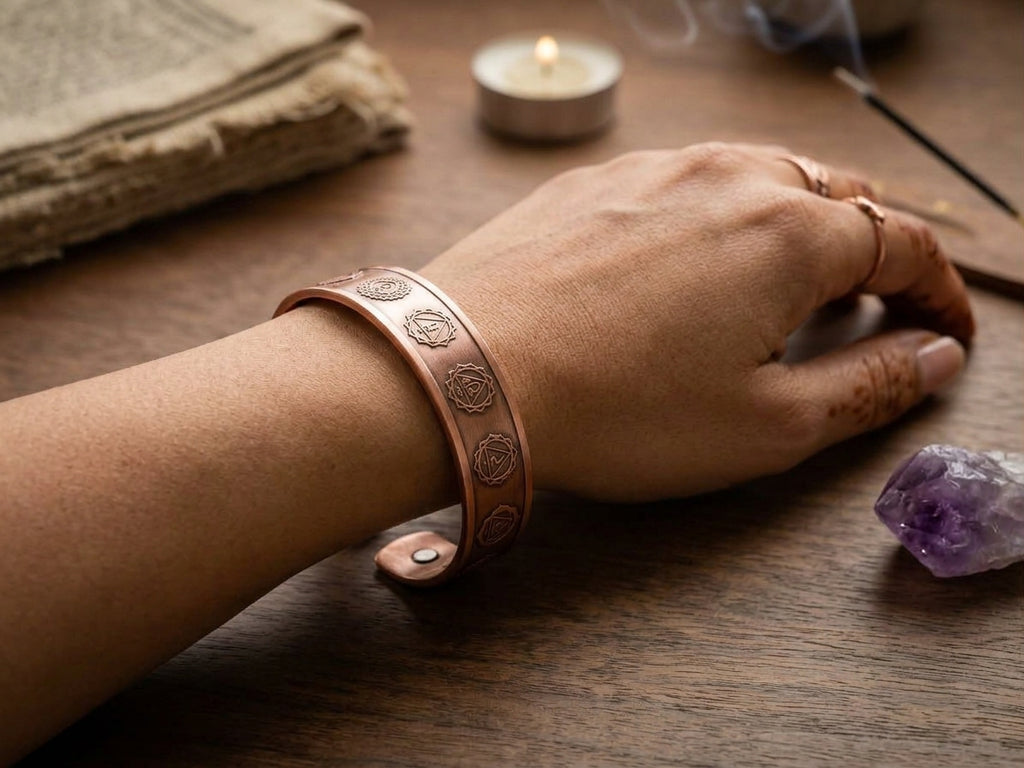 Handcrafted 7 Chakra Engraved Magnetic Copper Cuff Bracelet