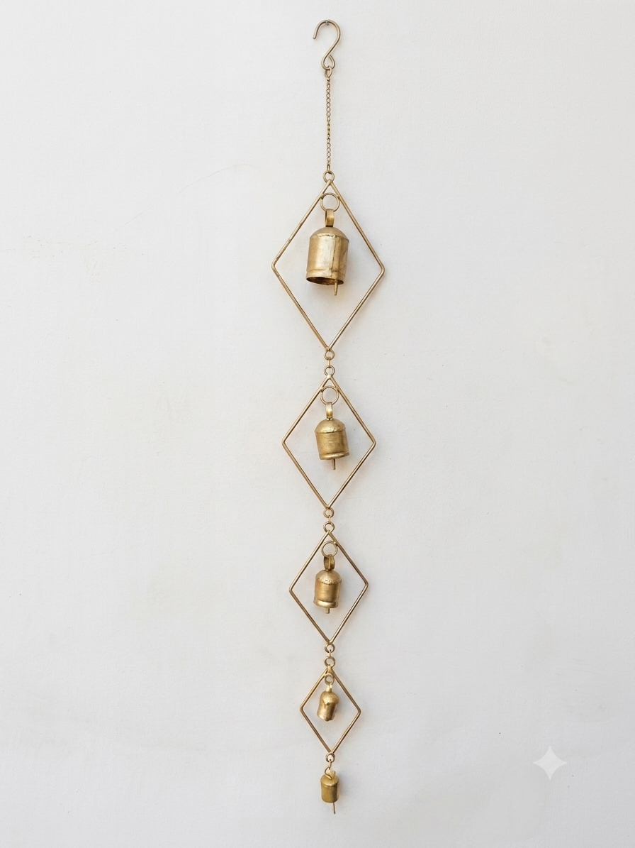4-Tier Geometric Diamond Brass Hoop Wind Chime – Modern Rustic Bell Hanging