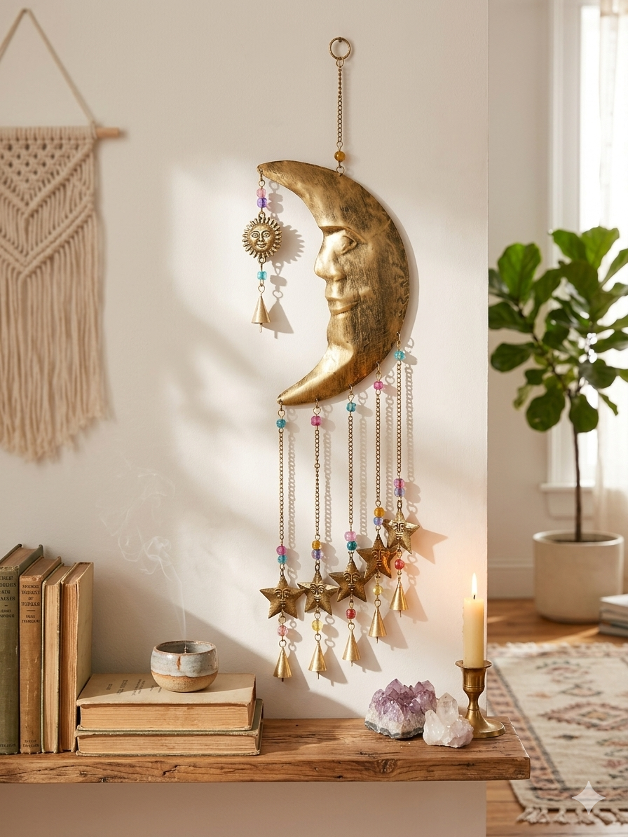 Celestial Harmony Brass Moon Chime Wall Hanging
