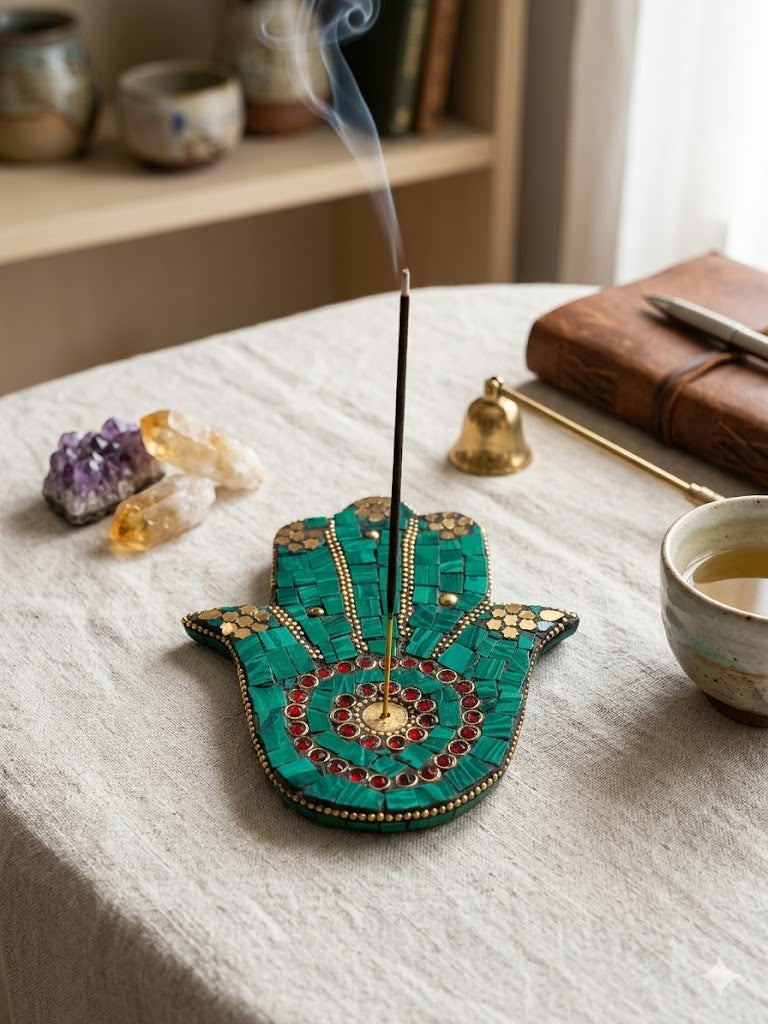 Mosaic Hamsa Hand Incense Holder – Teal Green & Gold Spiritual Decor