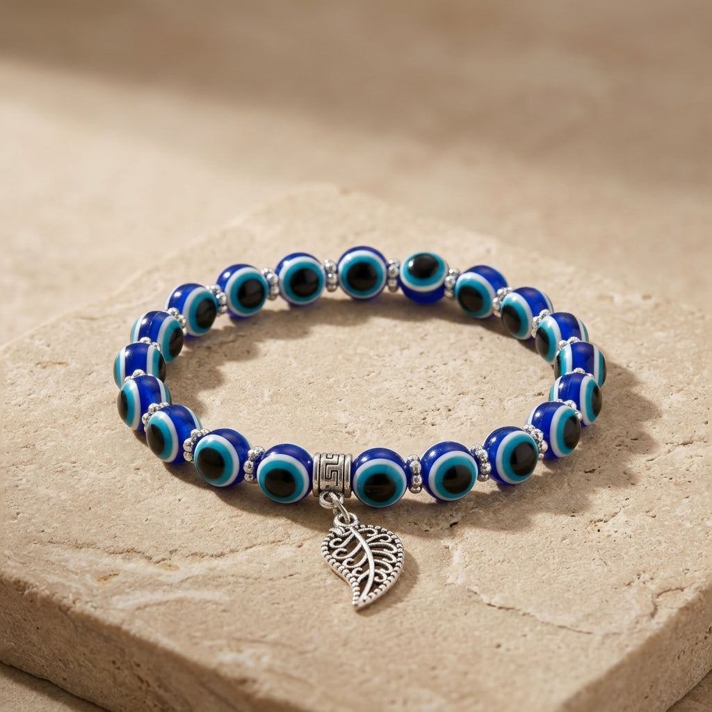 Handmade Blue Evil Eye & Leaf Charm Beaded Bracelet | Nature-Inspired Protection Jewelry
