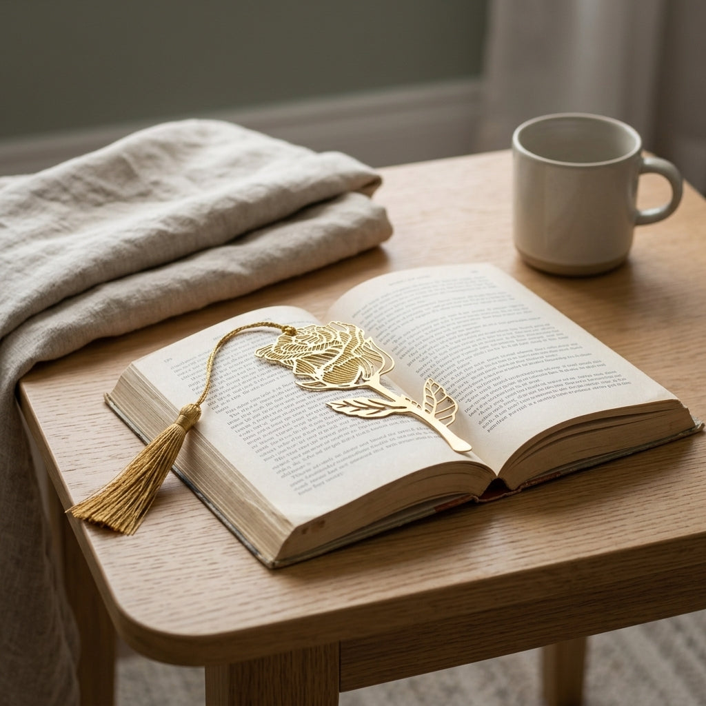 Elegant Gold Metal Rose Bookmark with Tassel
