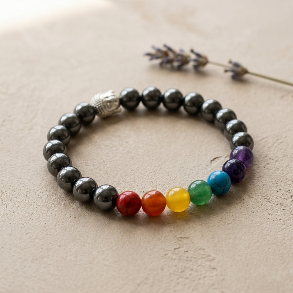 Natural Hematite 7 Chakra Buddha Bracelet | Genuine Shiny Gunmetal Grounding Beads with Silver Buddha Head | Unisex Spiritual Jewelry for Protection, Focus, & Balance