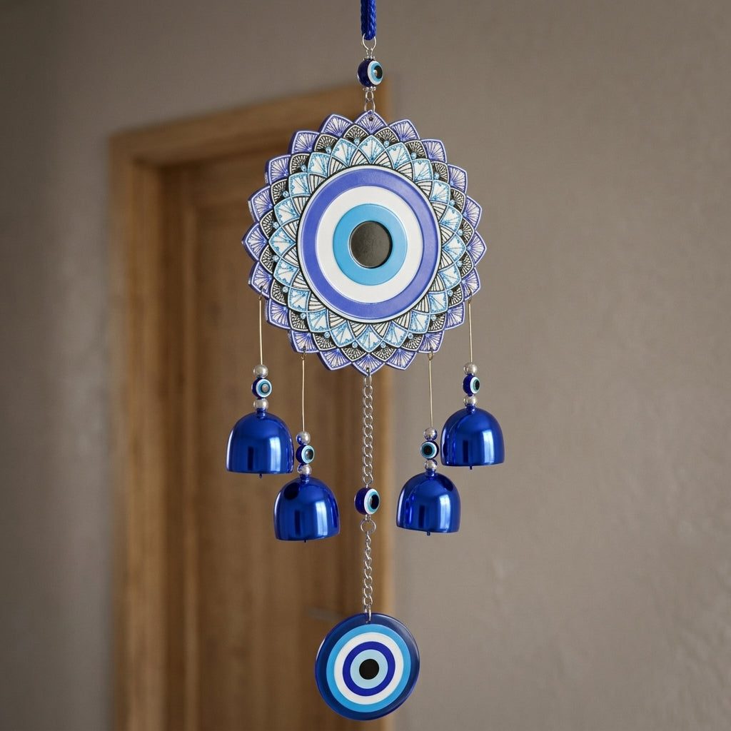 Evil Eye Mandala Wall Hanging Wind Chime | Blue & White Nazar Amulet with Bells