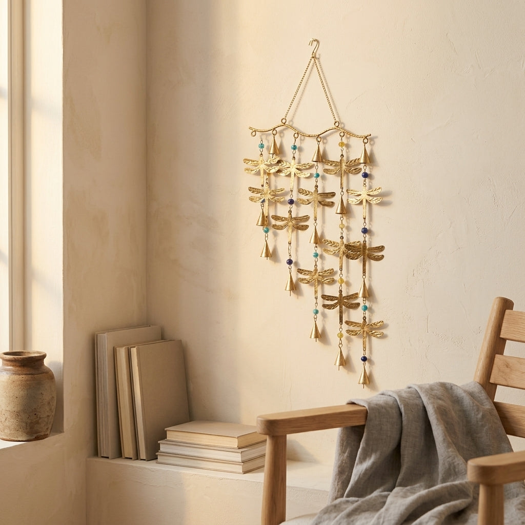 Handcrafted Brass Dragonfly Cascade Wind Chime – Rustic Nature Wall Hanging