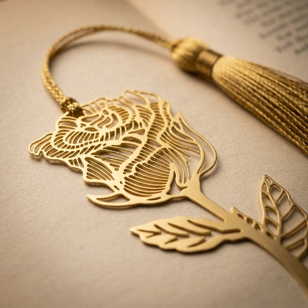 Elegant Gold Metal Rose Bookmark with Tassel