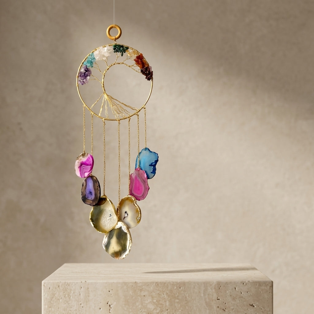 Crescent Moon Tree of Life & Agate Slice Wind Chime