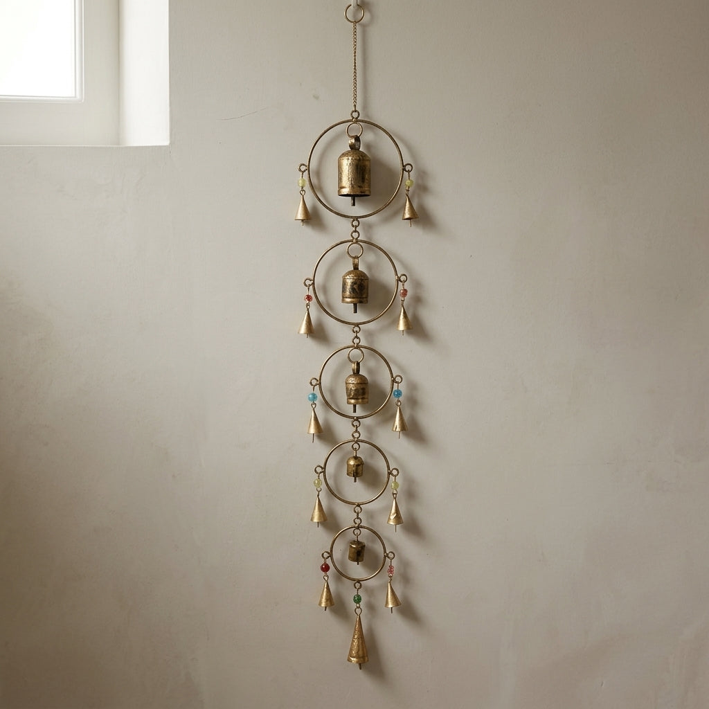 5-Tier Vintage Brass Hoop Wind Chime with Bell Accents