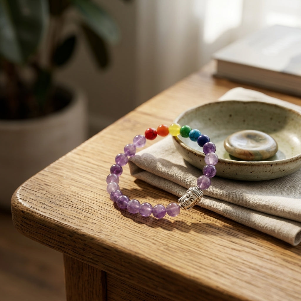 Natural Amethyst 7 Chakra Buddha Bracelet | Genuine Purple Quartz Healing Beads with Silver Buddha Head | Unisex Spiritual Jewelry for Calming, Mindfulness, & Peace