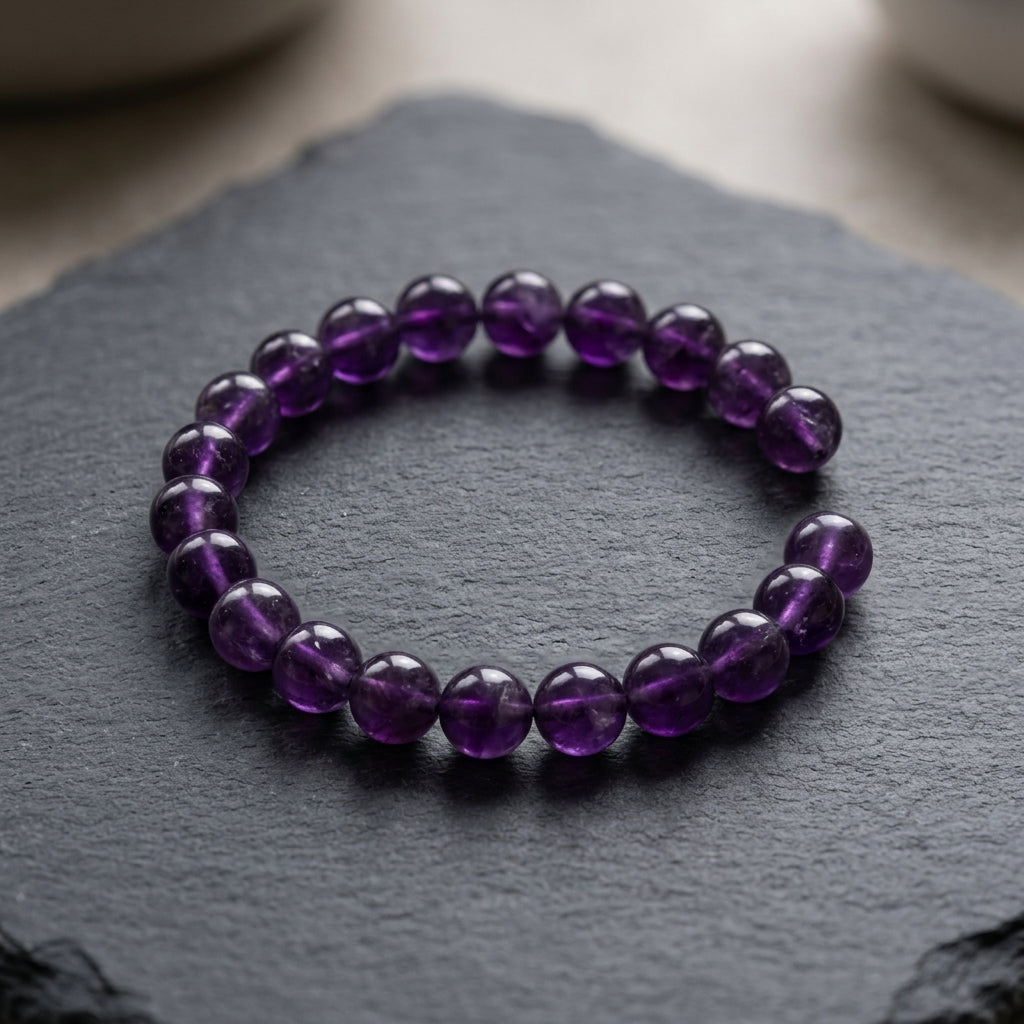 Natural Amethyst Beaded Stretch Bracelet | Genuine Deep Purple Quartz Gemstone Beads | Unisex Crystal Healing Jewelry for Stress Relief, Intuition, & Crown Chakra
