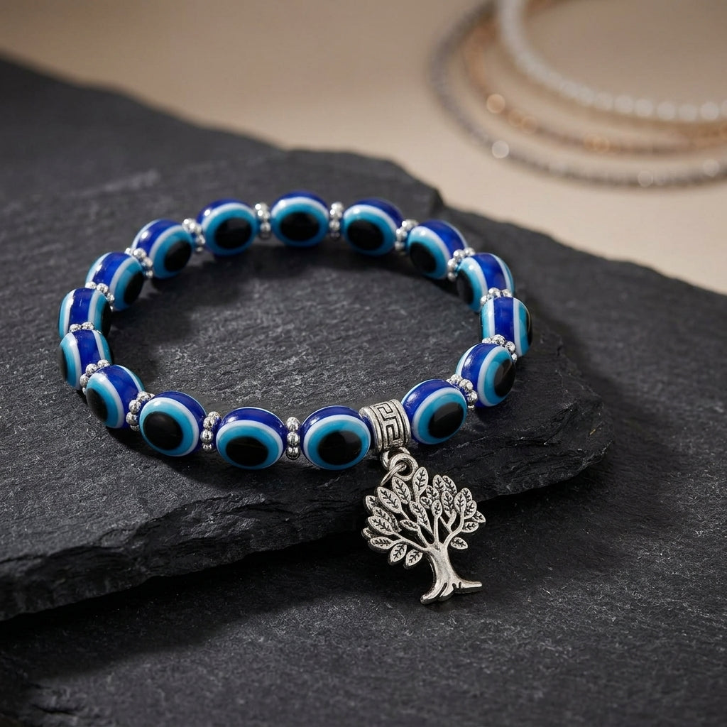 Handmade Blue Evil Eye & Tree of Life Charm Beaded Bracelet | Grounding & Protection Jewelry