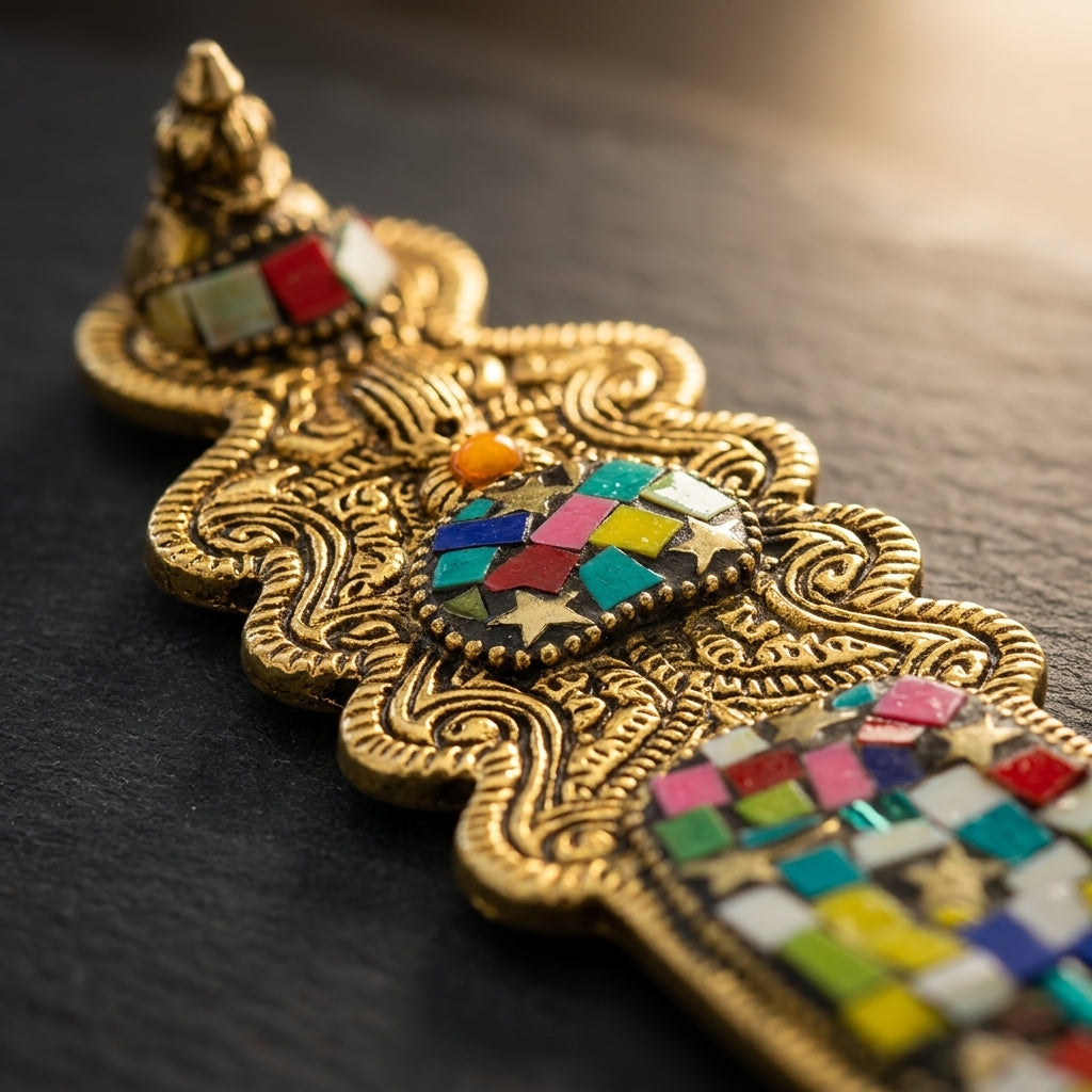 Mystic Harmony Mosaic Gold Incense Holder – Handcrafted Brass Buddha Burner