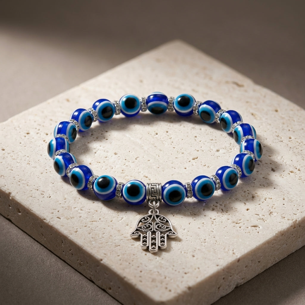 Handmade Blue Evil Eye & Hamsa Hand Charm Beaded Bracelet | Protection & Good Fortune Jewelry