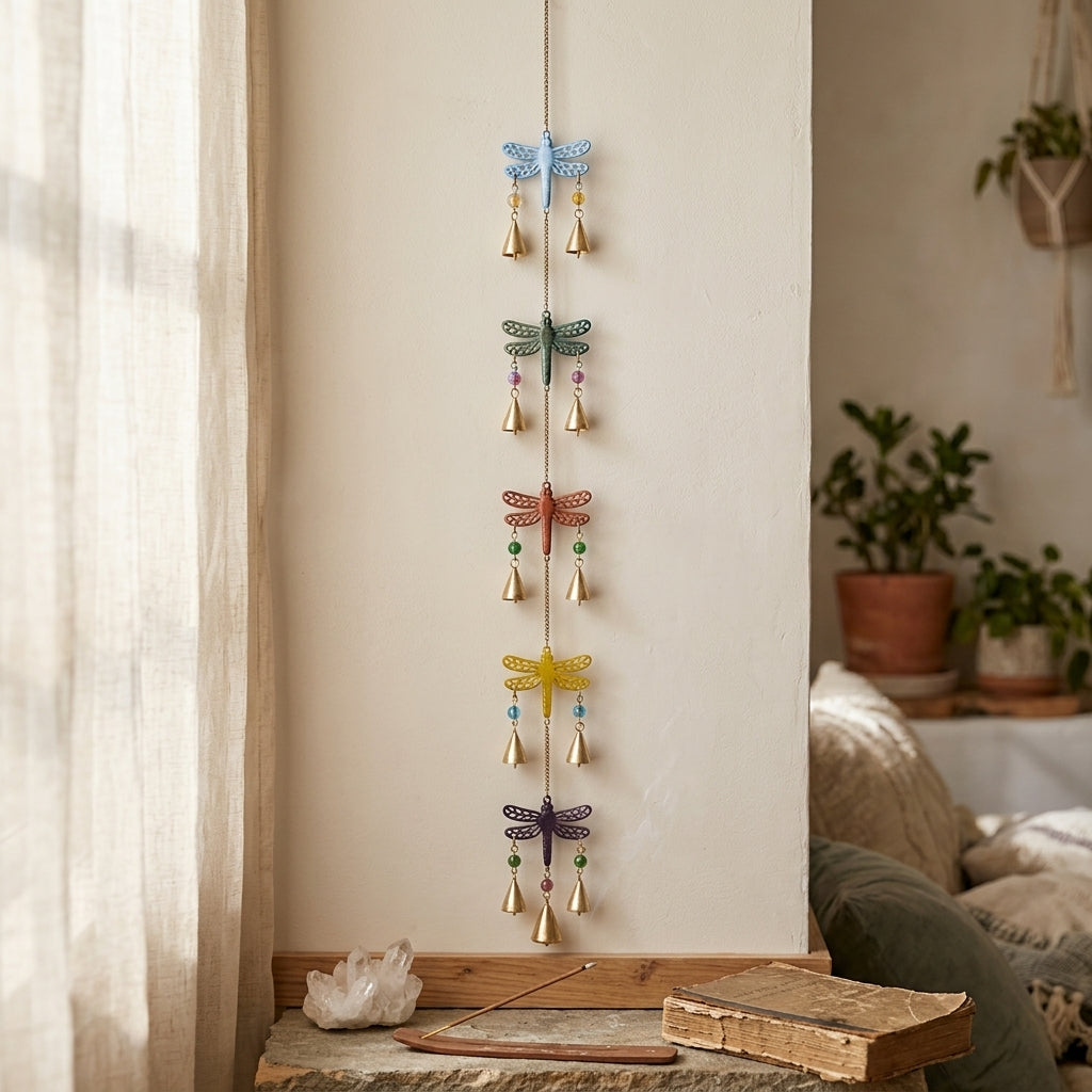 Enchanted Dragonfly Multi-Tier Hanging Brass Bells (Style B)