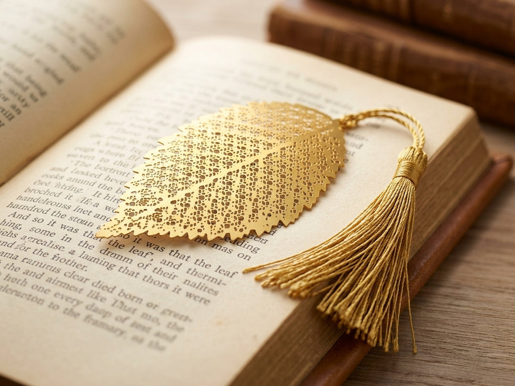Handcrafted Gold Metal Leaf Bookmark with Tassel