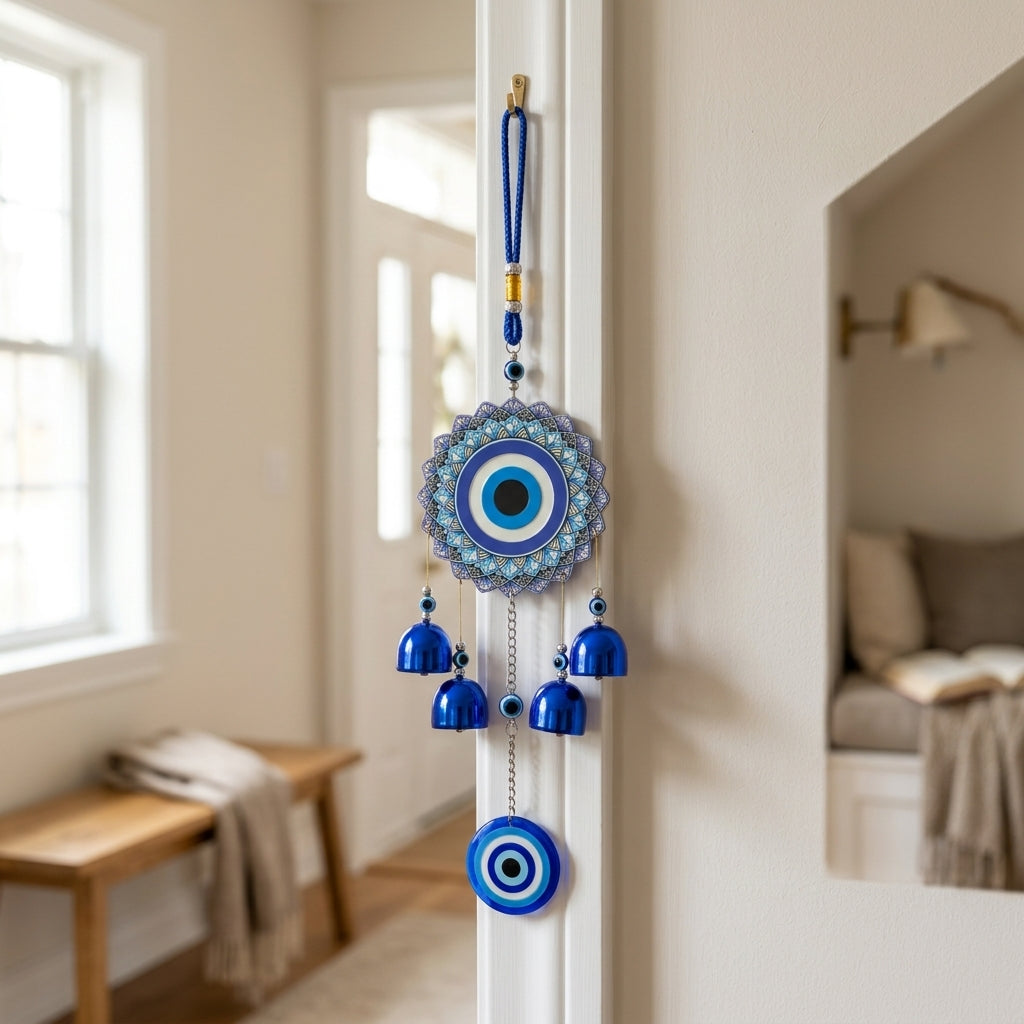 Evil Eye Mandala Wall Hanging Wind Chime | Blue & White Nazar Amulet with Bells