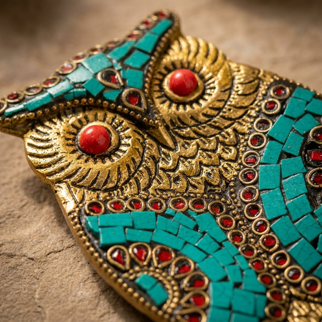 Jeweled Owl Incense Holder – Turquoise Mosaic & Coral Red Spiritual Decor