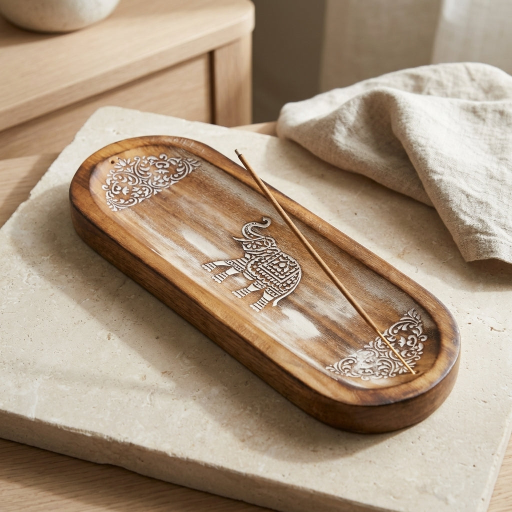 Handcarved Elephant & Paisley Wooden Incense Burner Tray | Dual Stick & Smudge Ash Catcher