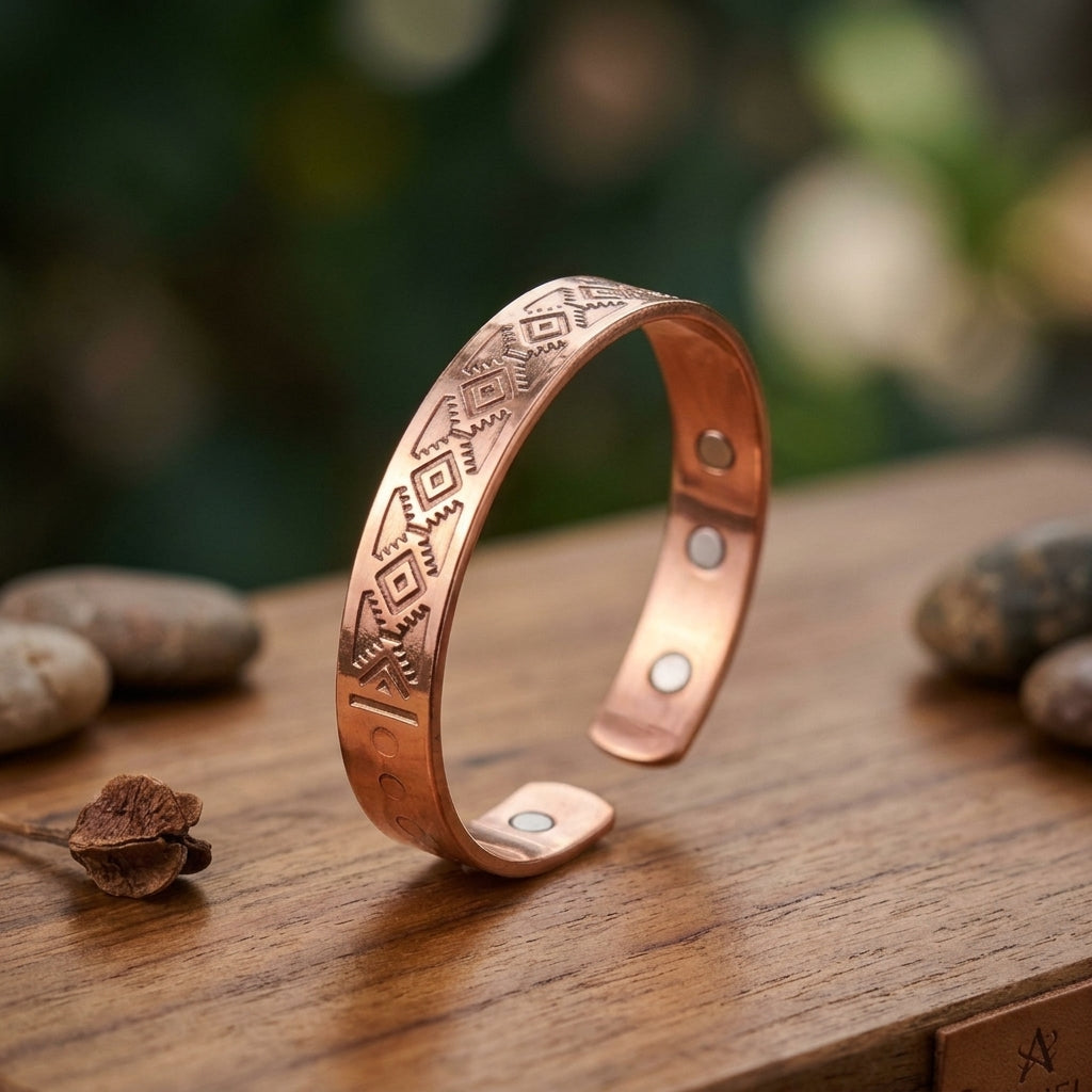 Tribal Pattern Copper Bracelet with Magnets | Vintage Style Copper Jewelry