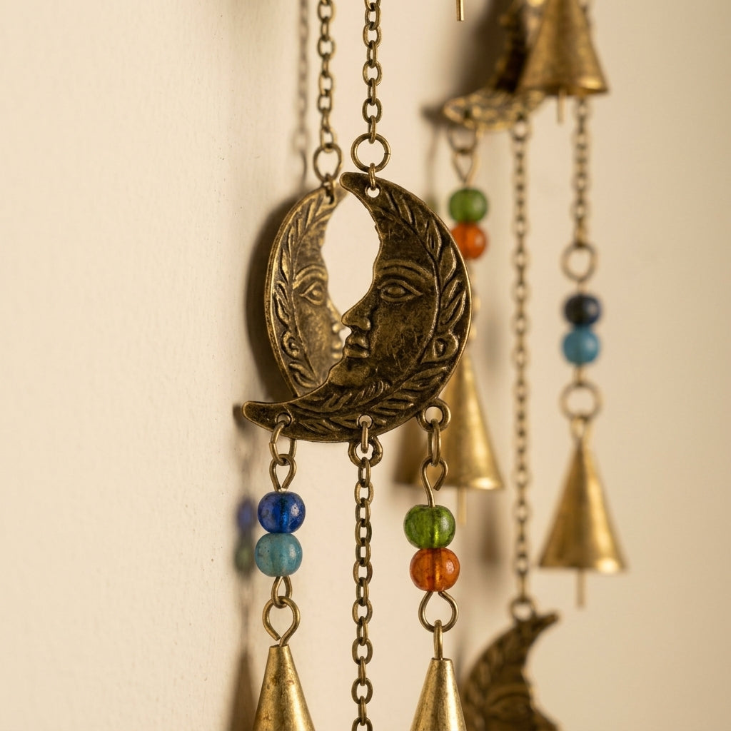 Crescent Moon Phase Wall Hanging with Chimes & Beads | Witchy Boho Decor