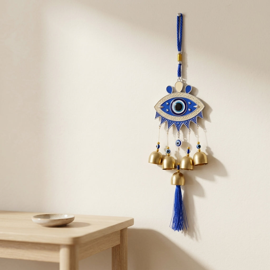 Evil Eye Wall Hanging Protection Amulet | Hanging Chime with Brass Bells & Blue Tassel