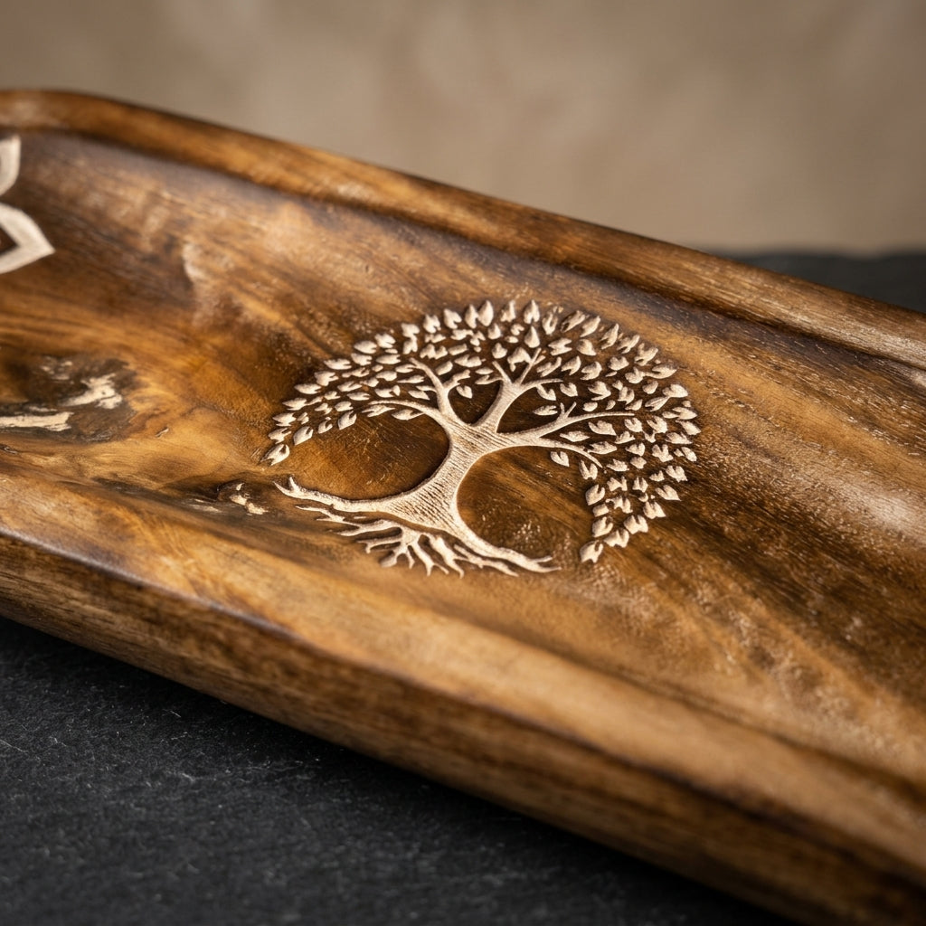 Handcarved Tree of Life & Lotus Wooden Incense Burner Tray | Ash Catcher Holder