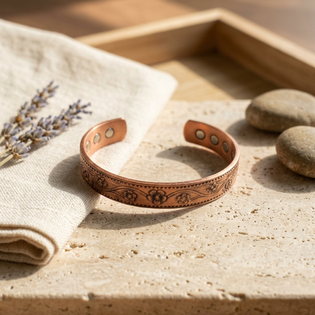 Artisan 100% Solid Copper Magnetic Floral Cuff Bracelet | Healing Energy &amp; Relief Jewelry