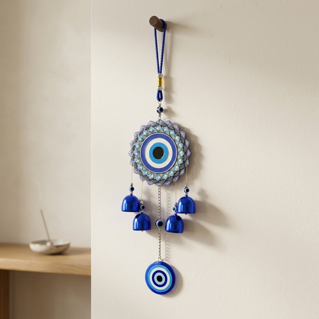 Evil Eye Mandala Wall Hanging Wind Chime | Blue & White Nazar Amulet with Bells