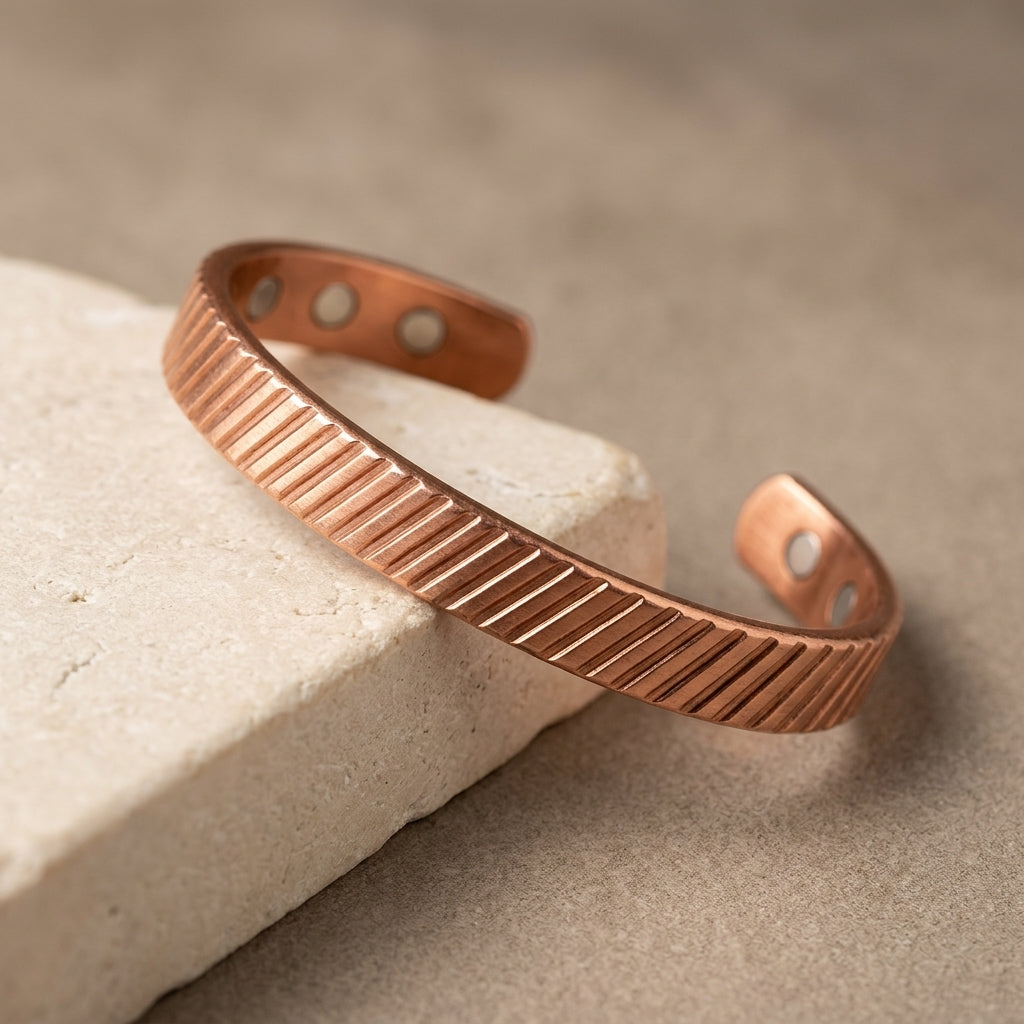 Handcrafted Slanted Line Textured Copper Magnetic Cuff Bracelet