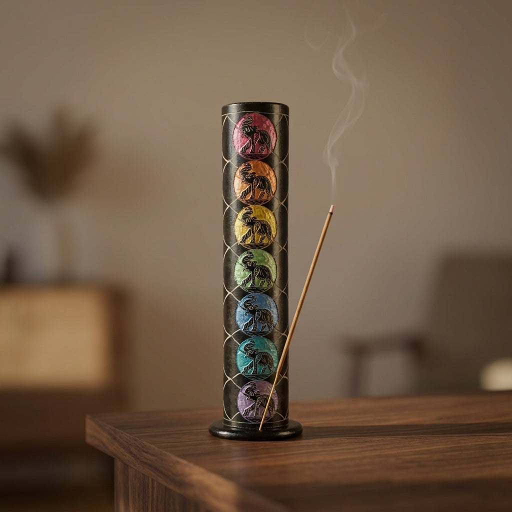 Handcrafted 7 Chakra Elephant Motif Soapstone Incense Holder