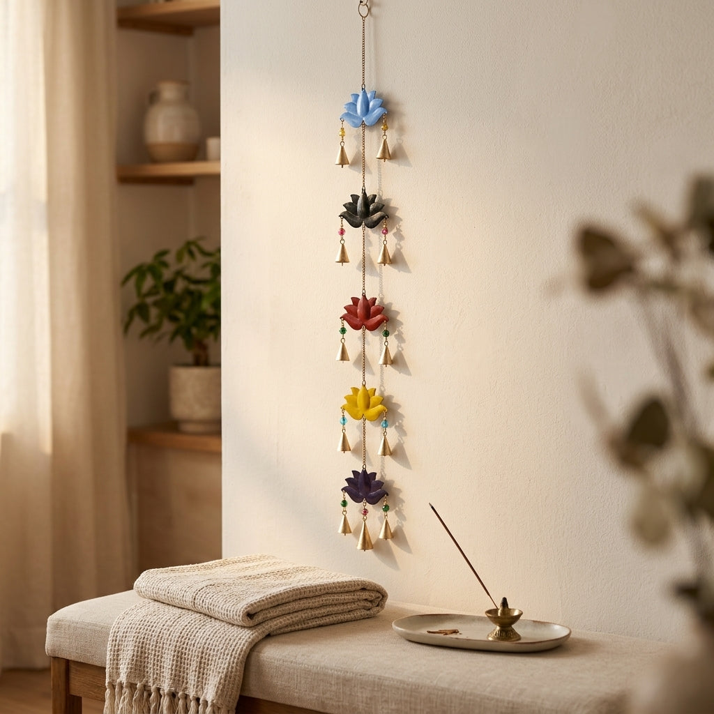 Sacred Lotus Multi-Tier Hanging Brass Bells