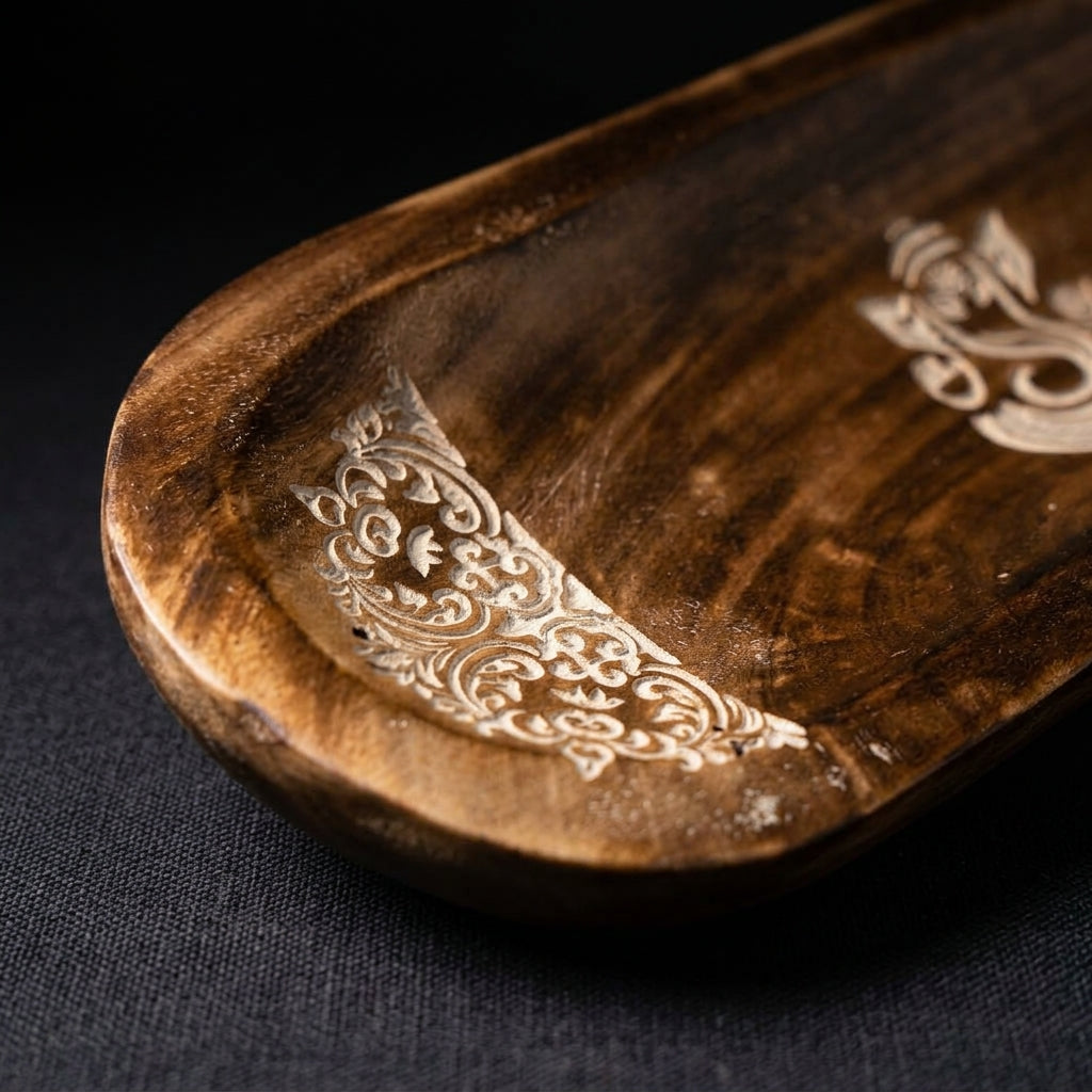 Handcrafted Ganesha Wooden Incense Holder Tray | Carved Wood Ash Catcher with White Embossed Floral Details