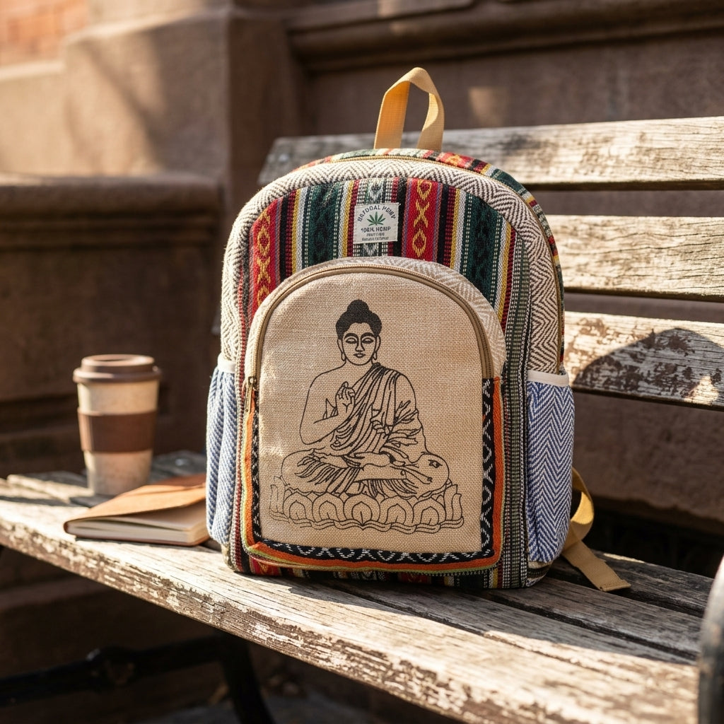 Boho Buddha Hemp Backpack | Eco-Friendly Woven Daypack