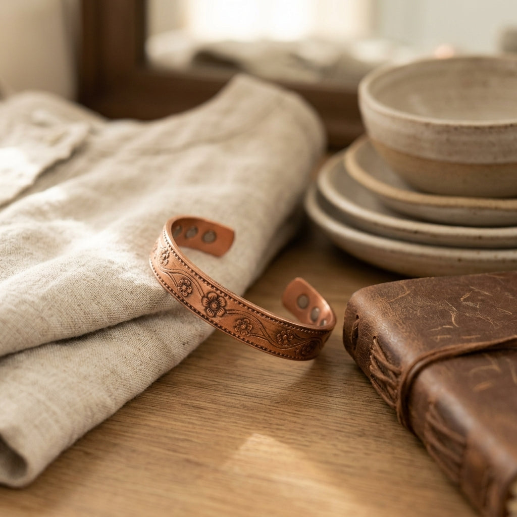 Artisan 100% Solid Copper Magnetic Floral Cuff Bracelet | Healing Energy &amp; Relief Jewelry