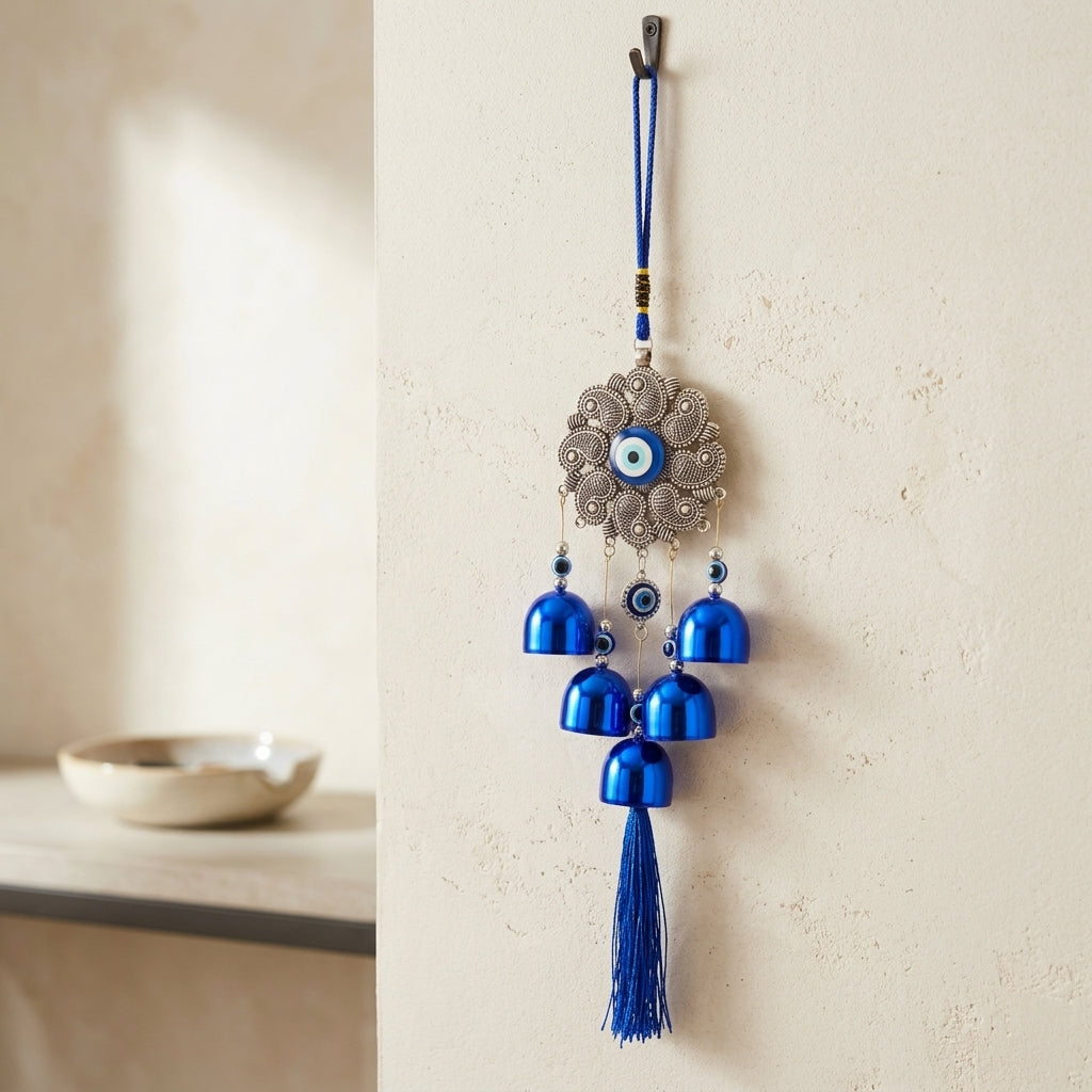 Boho Sacred Geometry Evil Eye Door Hanging | Silver Filigree Chime with Blue Bells