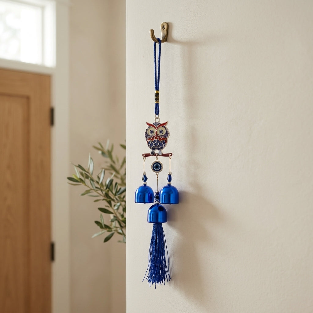 Wise Owl Enamel & Evil Eye Wall Hanging Wind Chime | Blue Metallic Bells & Tassel