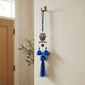 Wise Owl Enamel & Evil Eye Wall Hanging Wind Chime | Blue Metallic Bells & Tassel